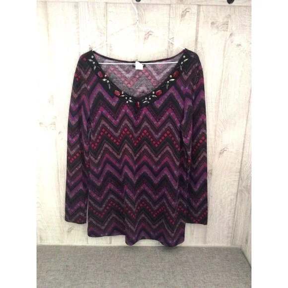 Perseption Women L Black Purple Shirt Zigzag Print Beaded Rhinestones Career - Picture 1 of 6